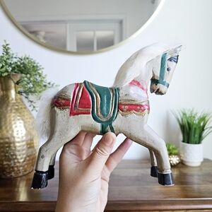 Vintage Wood Primitive Rocking Horse Toy/ Decor Saddle Real White Natural Hair